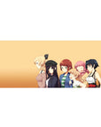 36x16 inches anime girl desk pad with five smiling slice-of-life girls in playful poses on peach.
