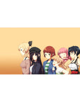 Anime girl desk pad 40x20 inches with five smiling slice-of-life girls in playful poses on peach.