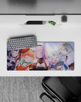 28x12 inches anime girl mouse pad in pastel purples and warm blush tones, cozy calm vibe with soft smiles.