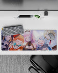 32x12 inches anime girl mouse pad in pastel purples and warm blush tones, cozy calm sleepy vibes.