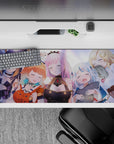 36x16 inches pastel purple and warm blush anime desk pad, gentle glow lighting and calm cozy vibes.