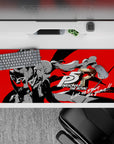 Anime desk pad 36x16 inches featuring Joker and Kasumi from Persona 5 Royal with bold black, white, and red design.