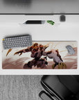 32x12 inches anime mouse pad in creamy whites and charcoal armor with hot red streaks, bold vibe.