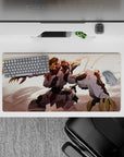 32x16 inches anime mouse pad in creamy white and charcoal armor tones with hot red accents, dusty light vibe.