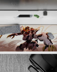 36x16 inches anime desk pad in creamy whites and charcoal armor with hot red streaks and gold accents.