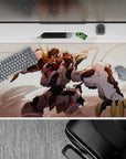 Moody 40x20 inches anime desk pad in creamy whites and charcoal armor with hot red streaks and gold accents.