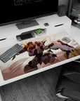 Gundam Barbatos lunging forward on a 40x20 inches anime desk pad, claws and horns flashing in dusty light.