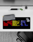28x12 inches mouse pad with Spike, Faye, and Jet in red, yellow, and blue panels for a bold and stylish noir aesthetic.
