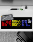 32x12 inches mouse pad showcasing Spike, Faye, and Jet in bold panels of red, yellow, and blue for a crime-thriller design.