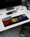 Artistic 32x12 inches mouse pad featuring Spike, Faye, and Jet in red, yellow, and blue panels for a stylish noir aesthetic.