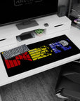 Artistic 36x16 inches mouse pad featuring Spike, Faye, and Jet in bold red, yellow, and blue panels for a noir-inspired look.