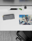 14x10 inches anime mouse pad in crisp whites and chrome grays with vivid scarlet ribbons, tense sky battle.