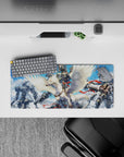 Anime mouse pad 28x12 inches in crisp whites, chrome grays, and vivid scarlet, thrilling sky battle mood.