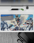 32x16 inches anime mouse pad in crisp whites, chrome grays, and scarlet ribbons against bright blue.