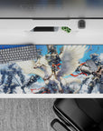 36x16 inches anime desk pad in crisp whites and chrome grays with vivid scarlet ribbons, epic mood.