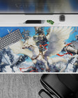 40x20 inches anime desk pad in crisp white and chrome gray with vivid scarlet ribbons, bright sky drama.