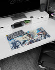 Anime mouse pad 28x12 inches showing silver rider flying through blue skies, red ribbons and birds, mechs behind.