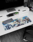 32x12 inches anime mouse pad showing armored knight flying on a huge winged beast, towering mechs behind.