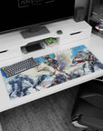 36x16 inches anime desk pad showing silver rider flying on giant winged beast, birds and mechs behind.