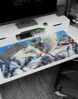 40x20 inches anime desk pad showing silver rider charging on a giant winged beast with birds and cloud mechs.