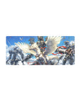 Anime mouse pad 28x12 inches with armored rider on a white winged beast and towering cloud mechs.