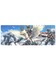 32x12 inches anime mouse pad with silver rider on white winged beast, mechs in clouded sky.