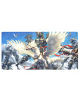 32x16 inches anime mouse pad with armored rider on winged white beast, mechs in clouded sky.