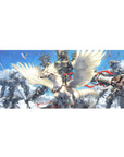 Anime desk pad 36x16 inches with armored rider on white winged beast, mechs in clouded sky.