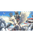 40x20 inches anime desk pad with armored rider on a white winged beast, mechs towering in blue sky.