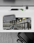 Cozy inky blacks and soft grays anime girl mouse pad 28x12 inches, calm late-walk vibe with glowing lights.