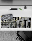 32x12 inches anime girl mouse pad in inky blacks and soft grays, calm late-walk mood with light speckles.