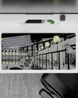 32x16 inches anime girl mouse pad in inky blacks and soft grays with glowing lights and calm vibes.