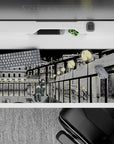 Cozy inky black and soft gray anime desk pad 36x16 inches with calm night-walk vibe and rosy cheeks.