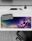 32x12 inches anime desk mouse pad in magenta and violet neon with soft blues, dreamy calm night mood.