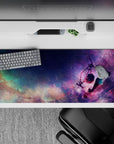 Dreamy 36x16 inches anime desk pad in neon magenta, violet, and soft blue with calm melancholy glow.