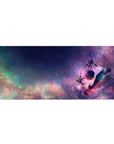 Anime desk pad 36x16 inches with lone anime boy by telescope under a starry neon galaxy night.