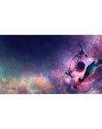 Anime desk pad 40x20 inches with starry night galaxy, telescope scene, neon magenta and violet streaks.