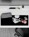 32x12 inches extended mouse pad in stark black and white with a hot red eye glow, edgy ninja mood.