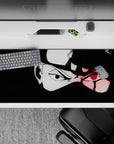 High-contrast black and white desk pad 36x16 inches with a fiery red eye accent and intense shadow vibe.