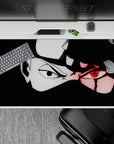 40x20 inches anime desk pad in stark black and white with a glowing red Sharingan, intense shadowy vibe.