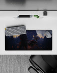 28x12 inches anime girl mouse pad in smoky blue rain with ember-orange sparks, cinematic stormy battlefield mood.