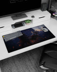 32x16 inches anime girl mouse pad showing silver-haired fighter with blade drawn, red ribbons, rain-soaked run.