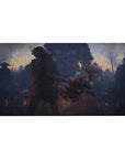 Anime girl desk pad 40x20 inches with horned samurai and silver-haired fighter, cinematic night raid art.