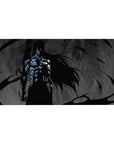 Mouse pad featuring Ichigo Kurosaki, 40x20 inches, in Hollow form with glowing blue armor and swirling darkness for raw power.