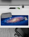 Deep ocean blue mouse pad, 32x12 inches, with warm creamy core and star-speckled dreamy vibe.