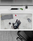 32x16 inches anime mouse pad in soft gray steel tones, quiet melancholic sci-fi vibe, drifting pixels.