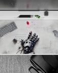 40x20 inches anime desk pad in soft gray steel tones with melancholic sci-fi mood, drifting pixels, calm intensity.