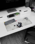 28x12 inches anime mouse pad showing a torn robot hand reaching up, wires exposed, red gem hovering above.
