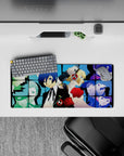 Anime mouse pad 28x12 inches featuring Persona 3's Makoto, Aigis, and SEES team in a vivid, melancholic design with cool blues.