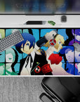 Persona 3 desk pad 40x20 inches featuring Makoto, Aigis, and SEES team in a cool blue manga-inspired design.